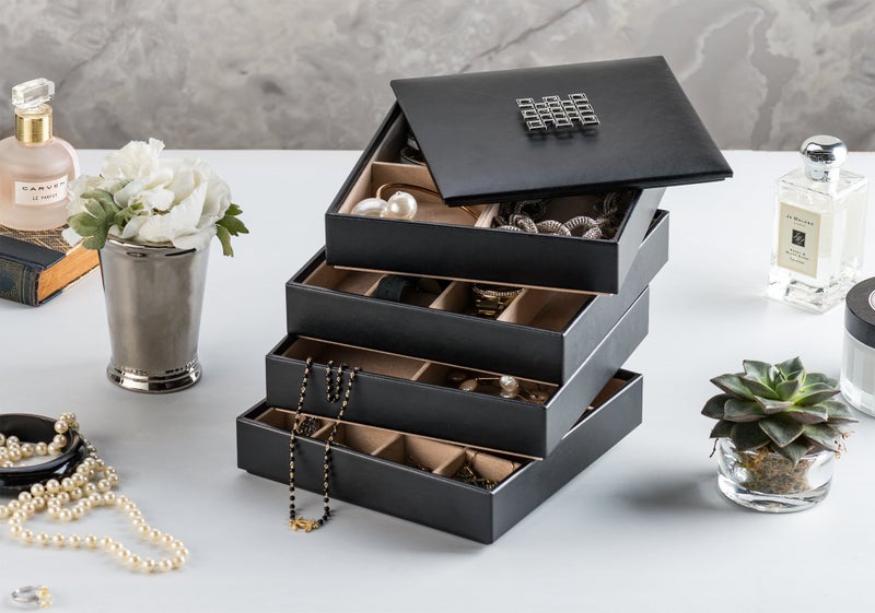 Glenor Co Jewelry Organizer Tray - 4 Stackable Trays & Lid with Mirror - 27 Slot Storage for Drawer, Dresser - Black - Image 2